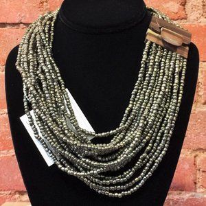 Womne's Dark Silver Hand Beaded Necklace with Wooden Buckle Closure